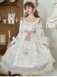 Elegant Vintage White Camellia Pattern Print Decoration Lace Pleated Crew Neck Design Classic Lolita Long Sleeve Dress