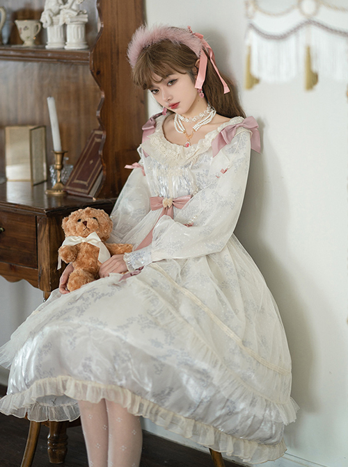 Elegant Vintage White Camellia Pattern Print Decoration Lace Pleated Crew Neck Design Classic Lolita Long Sleeve Dress