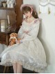 Elegant Vintage White Camellia Pattern Print Decoration Lace Pleated Crew Neck Design Classic Lolita Long Sleeve Dress