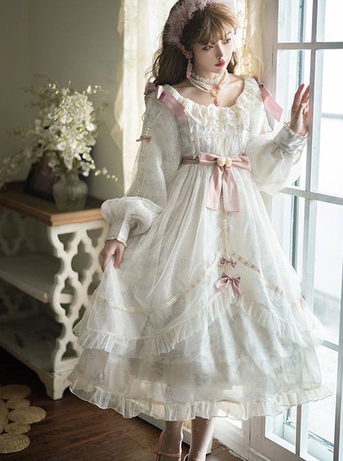 Elegant Vintage White Camellia Pattern Print Decoration Lace Pleated Crew Neck Design Classic Lolita Long Sleeve Dress