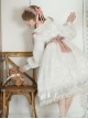 Elegant Vintage White Camellia Pattern Print Decoration Lace Pleated Crew Neck Design Classic Lolita Long Sleeve Dress