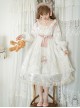 Elegant Vintage White Camellia Pattern Print Decoration Lace Pleated Crew Neck Design Classic Lolita Long Sleeve Dress