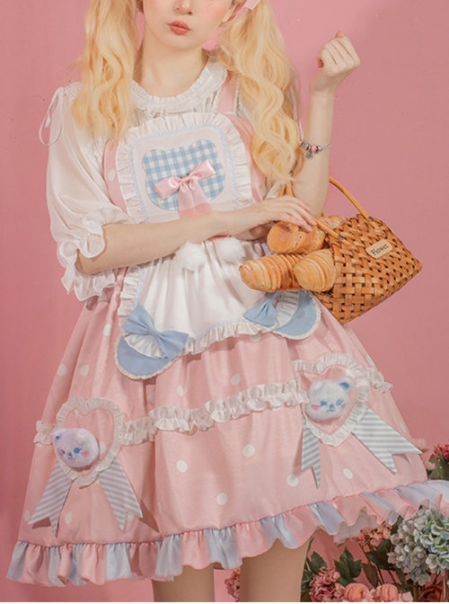 Jennie Bear Diary Series Cute Sweet Pink Ruched Lace Bow Trim White Polka Dots Bear Doll Shape Apron Classic Lolita Short Sleeve Dress