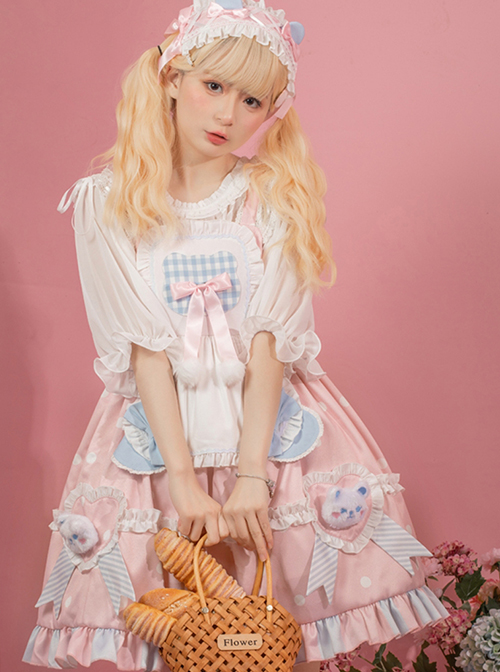 Jennie Bear Diary Series Cute Sweet Pink Ruched Lace Bow Trim White Polka Dots Bear Doll Shape Apron Classic Lolita Short Sleeve Dress