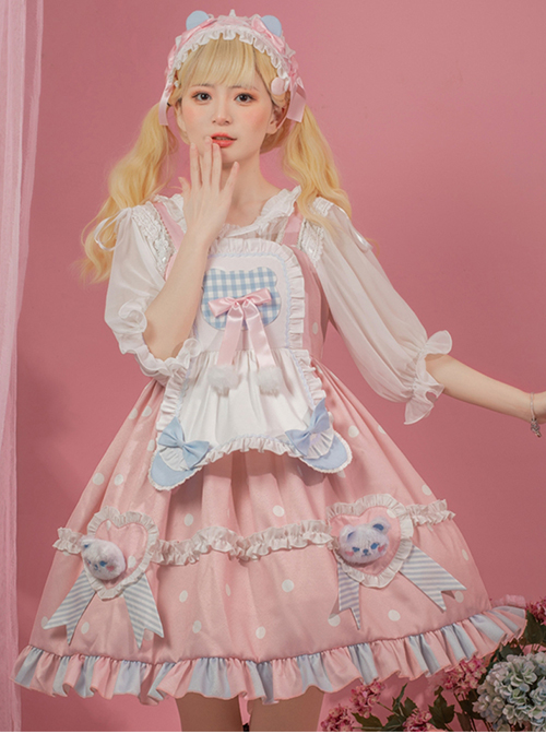 Jennie Bear Diary Series Cute Sweet Pink Ruched Lace Bow Trim White Polka Dots Bear Doll Shape Apron Classic Lolita Short Sleeve Dress