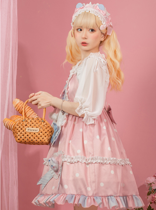 Jennie Bear Diary Series Cute Sweet Pink Ruched Lace Bow Trim White Polka Dots Bear Doll Shape Apron Classic Lolita Short Sleeve Dress