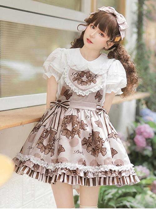 Chocolate Wreath Series Brown Bow Knots Print Pattern Decoration Pleated Lace Doll Neckline Classic Lolita Strap Dress