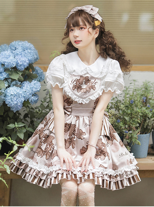 Chocolate Wreath Series Brown Bow Knots Print Pattern Decoration Pleated Lace Doll Neckline Classic Lolita Strap Dress