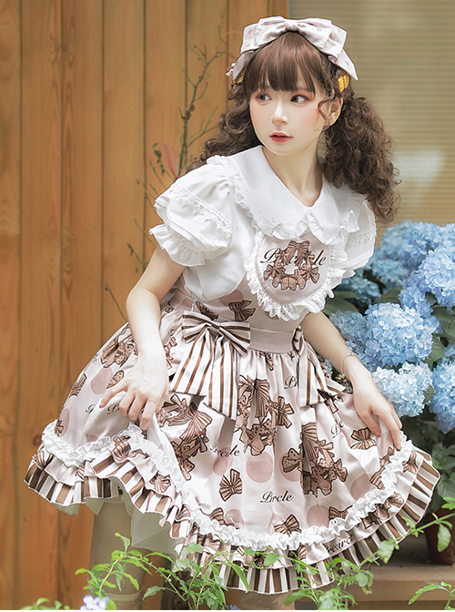 Chocolate Wreath Series Brown Bow Knots Print Pattern Decoration Pleated Lace Doll Neckline Classic Lolita Strap Dress