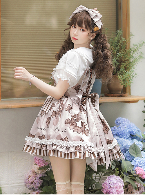 Chocolate Wreath Series Brown Bow Knots Print Pattern Decoration Pleated Lace Doll Neckline Classic Lolita Strap Dress