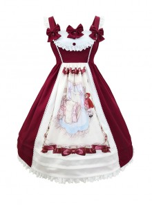 Little Red Riding Hood Series Classic Lolita Graphic Print Lace Pleats Round Neckline Cute Red Princess Slip Dress