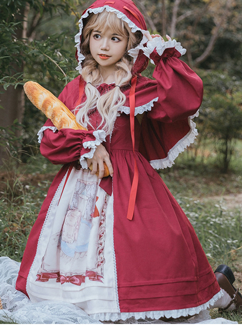 Little Red Riding Hood Series Classic Lolita Graphic Print Lace Pleats Round Neckline Cute Red Princess Slip Dress