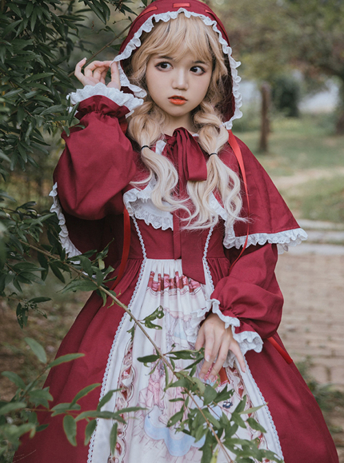 Little Red Riding Hood Series Classic Lolita Graphic Print Lace Pleats Round Neckline Cute Red Princess Slip Dress