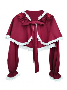 Little Red Riding Hood Series White Pleated Lace Trim Red Bow Knots Classic Lolita Long Sleeve Shawl Coat