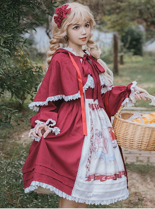 Little Red Riding Hood Series White Pleated Lace Trim Red Bow Knots Classic Lolita Long Sleeve Shawl Coat