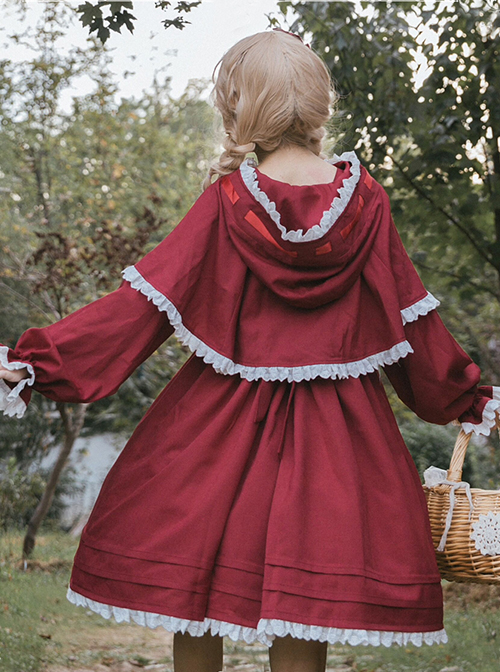 Little Red Riding Hood Series White Pleated Lace Trim Red Bow Knots Classic Lolita Long Sleeve Shawl Coat
