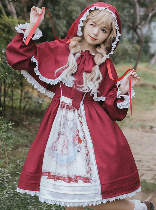 Little Red Riding Hood Series White Pleated Lace Trim Red Bow Knots Classic Lolita Long Sleeve Shawl Coat