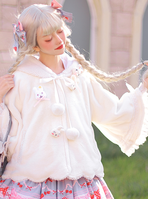 Warm Rabbit Series Pure White Plush Cute Rabbit Doll Decoration Classic Lolita Wide Sleeve Wool Coat