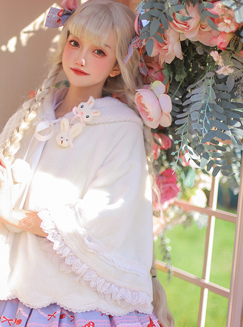 Warm Rabbit Series Pure White Plush Cute Rabbit Doll Decoration Classic Lolita Wide Sleeve Wool Coat