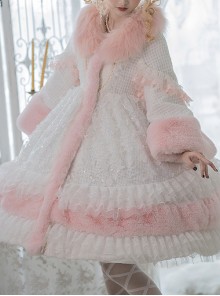 Winter Pink Fur Collar White Sequin Pleated Lace Decoration Classic Lolita Plus Velvet College-Style Long Coat