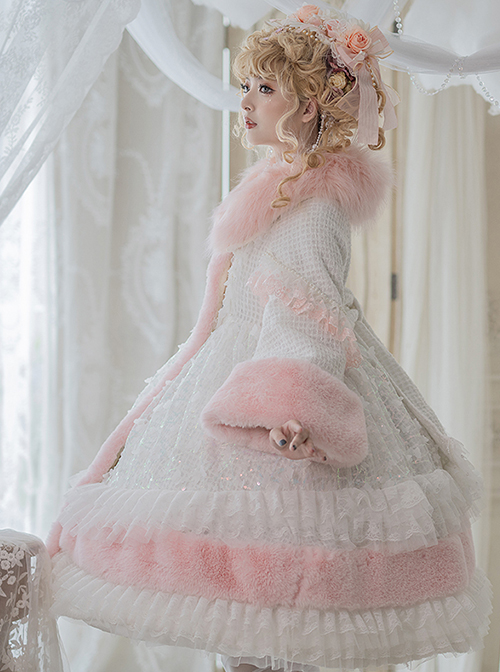 Winter Pink Fur Collar White Sequin Pleated Lace Decoration Classic Lolita Plus Velvet College-Style Long Coat