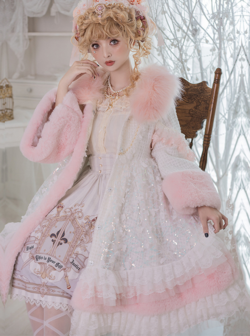 Winter Pink Fur Collar White Sequin Pleated Lace Decoration Classic Lolita Plus Velvet College-Style Long Coat