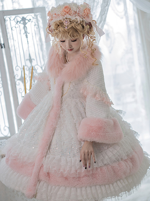 Winter Pink Fur Collar White Sequin Pleated Lace Decoration Classic Lolita Plus Velvet College-Style Long Coat