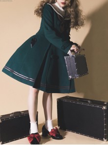 College Style Sweet Navy Neckline Dark Green Slim Fit Design Bow Tie Decoration Classic Lolita Long Sleeve Coat 
