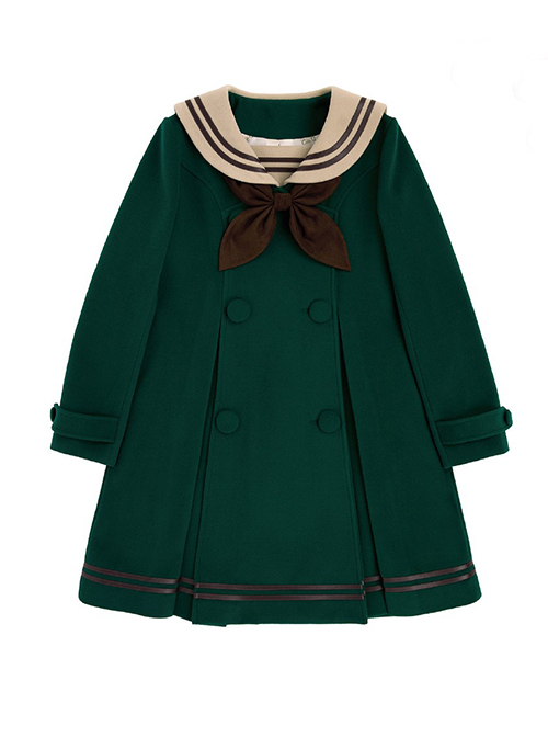 College Style Sweet Navy Neckline Dark Green Slim Fit Design Bow Tie Decoration Classic Lolita Long Sleeve Coat