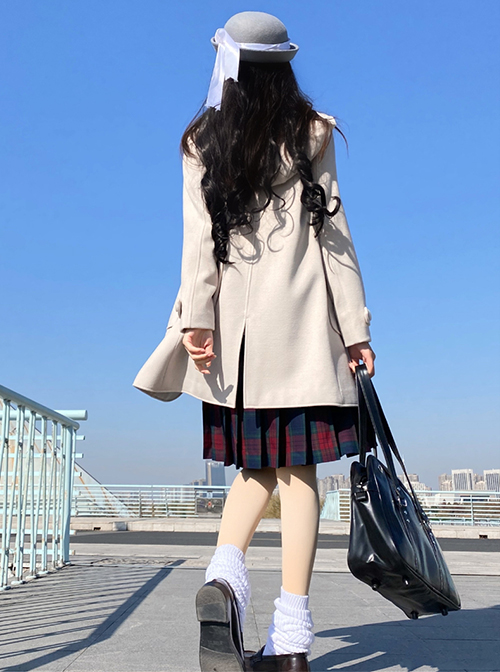 Classic Lolita College Style Daily Simple Horn Buckle Design Large Pocket Decoration Solid Color Long Sleeve Hooded Coat 