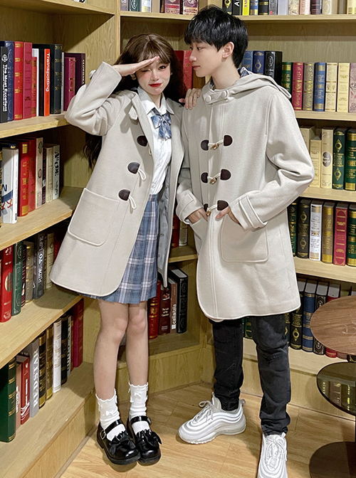 Classic Lolita College Style Daily Simple Horn Buckle Design Large Pocket Decoration Solid Color Long Sleeve Hooded Coat 