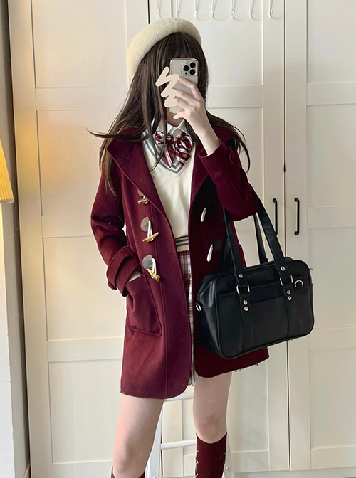 Classic Lolita College Style Daily Simple Horn Buckle Design Large Pocket Decoration Solid Color Long Sleeve Hooded Coat 