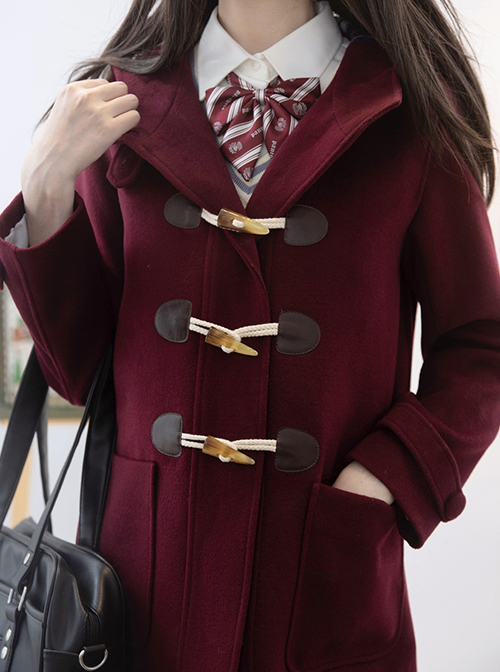 Classic Lolita College Style Daily Simple Horn Buckle Design Large Pocket Decoration Solid Color Long Sleeve Hooded Coat 