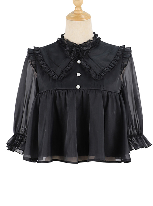 Simple Daily Chiffon Cute Pleated Lace Doll Neckline Button Decoration Short Sleeve Classic Lolita Blouse