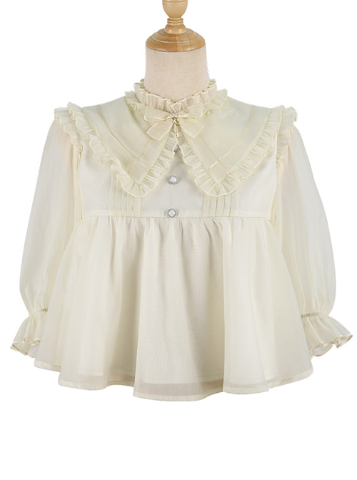 Simple Daily Chiffon Cute Pleated Lace Doll Neckline Button Decoration Short Sleeve Classic Lolita Blouse