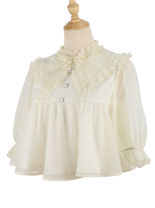 Simple Daily Chiffon Cute Pleated Lace Doll Neckline Button Decoration Short Sleeve Classic Lolita Blouse