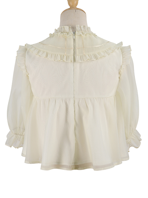 Simple Daily Chiffon Cute Pleated Lace Doll Neckline Button Decoration Short Sleeve Classic Lolita Blouse