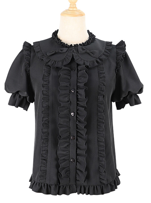 Elegant And Simple Double Row Pleated Lace Trim Doll Neckline Decoration Chiffon Classic Lolita Blouse