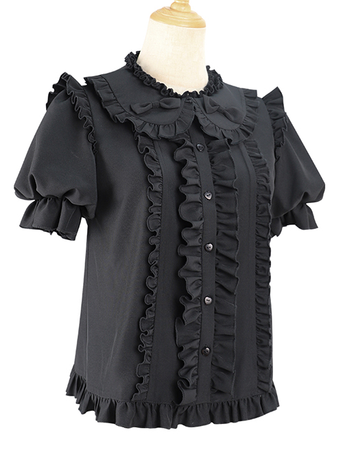 Elegant And Simple Double Row Pleated Lace Trim Doll Neckline Decoration Chiffon Classic Lolita Blouse