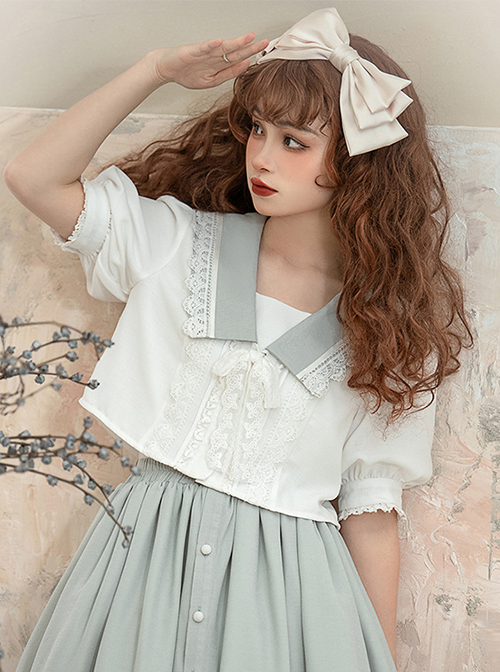 Solid Exquisite Lace Jacquard Embroidery Design V-Neck Bow Knot Lantern Sleeve Classic Lolita White Blouse