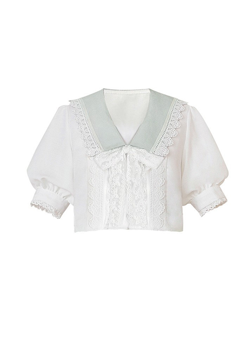 Solid Exquisite Lace Jacquard Embroidery Design V-Neck Bow Knot Lantern Sleeve Classic Lolita White Blouse