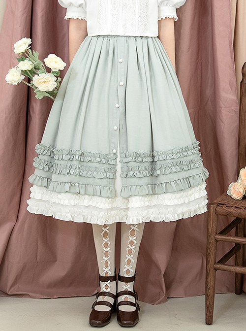 Gray-Green Simple Pleated Hem Single Row Button Decoration Classic Lolita Elegant Long Skirt