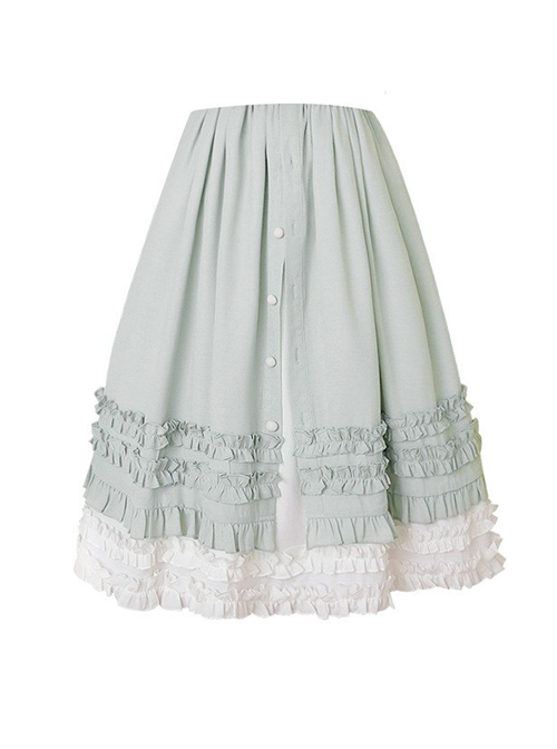 Gray-Green Simple Pleated Hem Single Row Button Decoration Classic Lolita Elegant Long Skirt