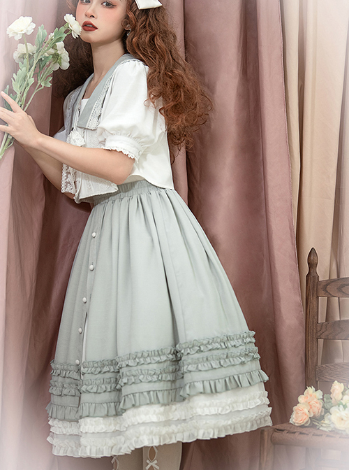 Gray-Green Simple Pleated Hem Single Row Button Decoration Classic Lolita Elegant Long Skirt