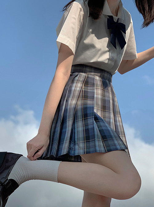 Qingchuanzhong Series High School JK Uniform Blue Gradient Plaid Regular Pleats Student Girl Short Skirt 