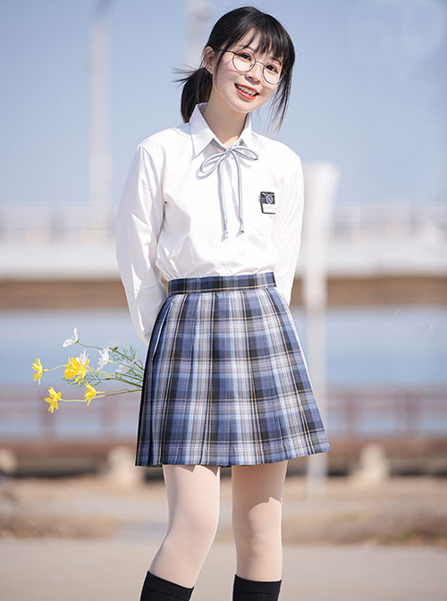 Qingchuanzhong Series High School JK Uniform Blue Gradient Plaid Regular Pleats Student Girl Short Skirt