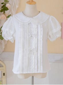 Pure White Pleated Sweet Doll Neckline Lantern Sleeve Decoration Sweet Lolita Blouse