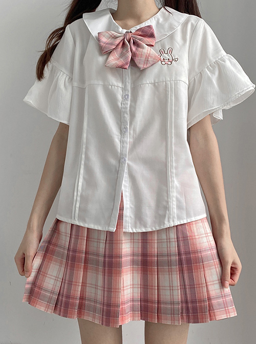 Daily Simplicity Cute Beautifully Embroidered Rabbit Shape Loose Flared Sleeves Campus JK Short Blouse