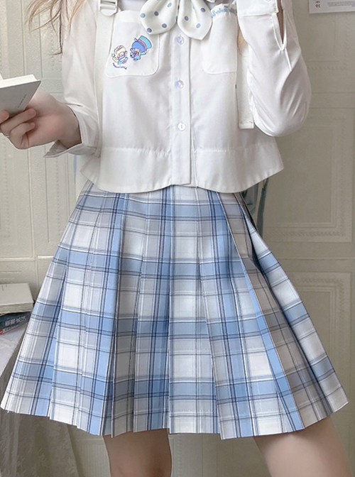 Moon Sea Series Blue And White Plaid Decoration Sweet Campus-Style JK Pleated Skirt