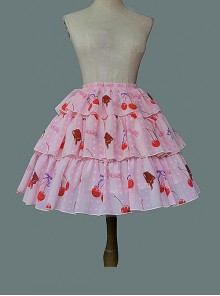 Pink Cherry Chocolate Print Pattern Decoration Pleated Hem High Waist Classic Lolita Skirt